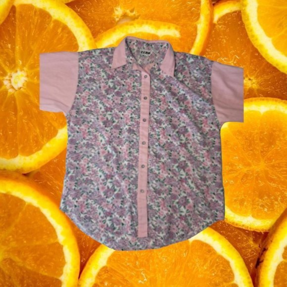 ZERO Grandma Chic Button Up Floral with‎ Pink Sleeves Size M